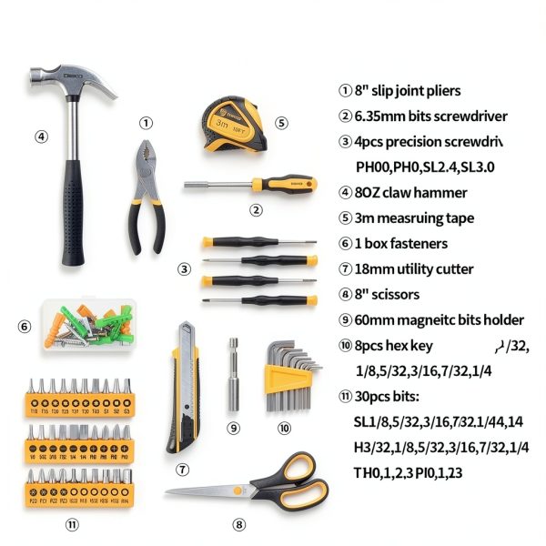 DEKOPRO 50 Piece Hand Tool Kit Yellow Toolbox Chrome Vanadium Steel-2